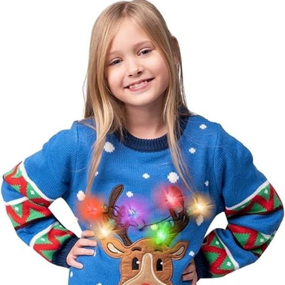 Kid's Christmas Ugly Sweater LED Light Up Reindeer Xmas Sweater Built-in Light - Picture 1 of 6